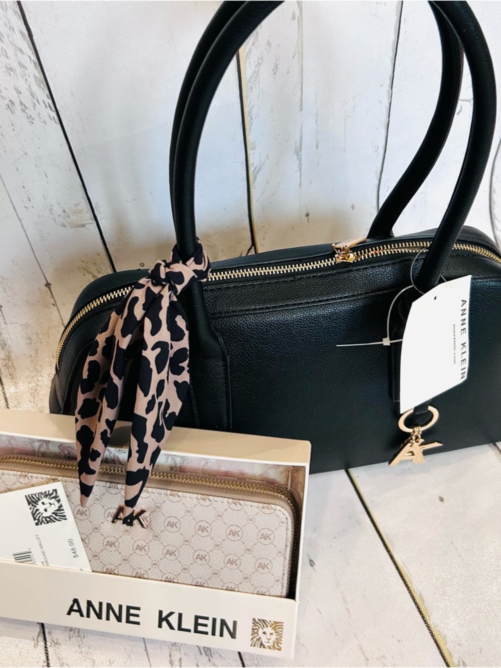 Anne Klein Black Dome Satchel Purse + Leopard Scarf Accent + Zip around Wallet
